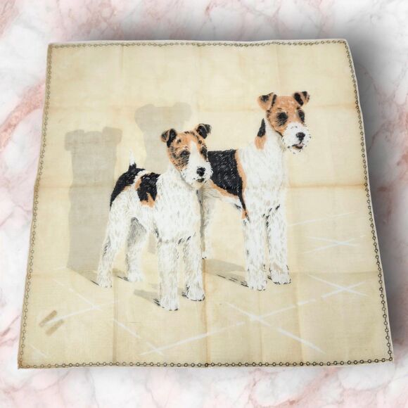 Vintage Fox Terrier Dog Print Handkerchief Scarf Linen Look 17" Wire-Haired Dogs - Picture 1 of 5